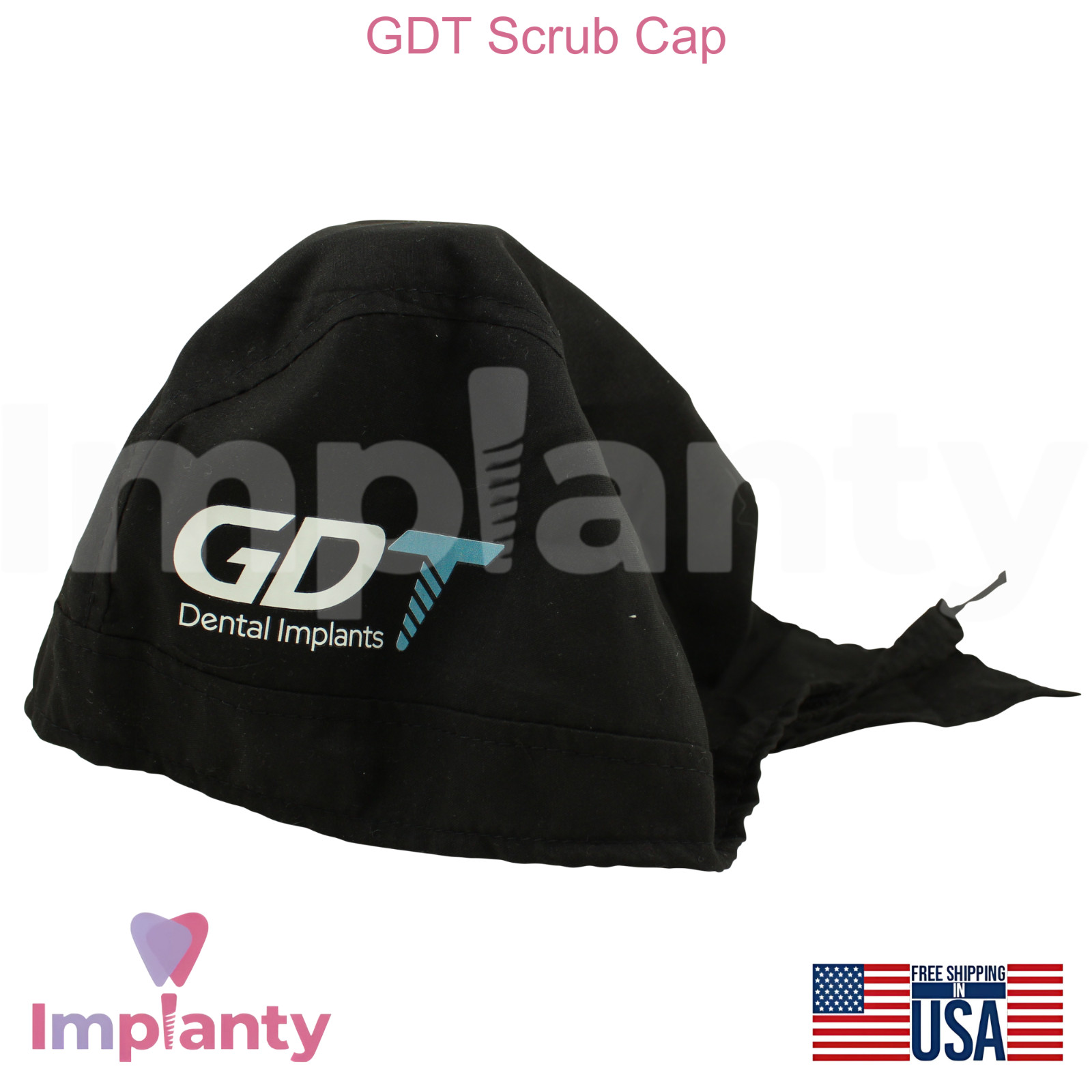 GDT Dental Scrub Cap Black 59cm Unisex Head Cover Washable Dentistry Attire