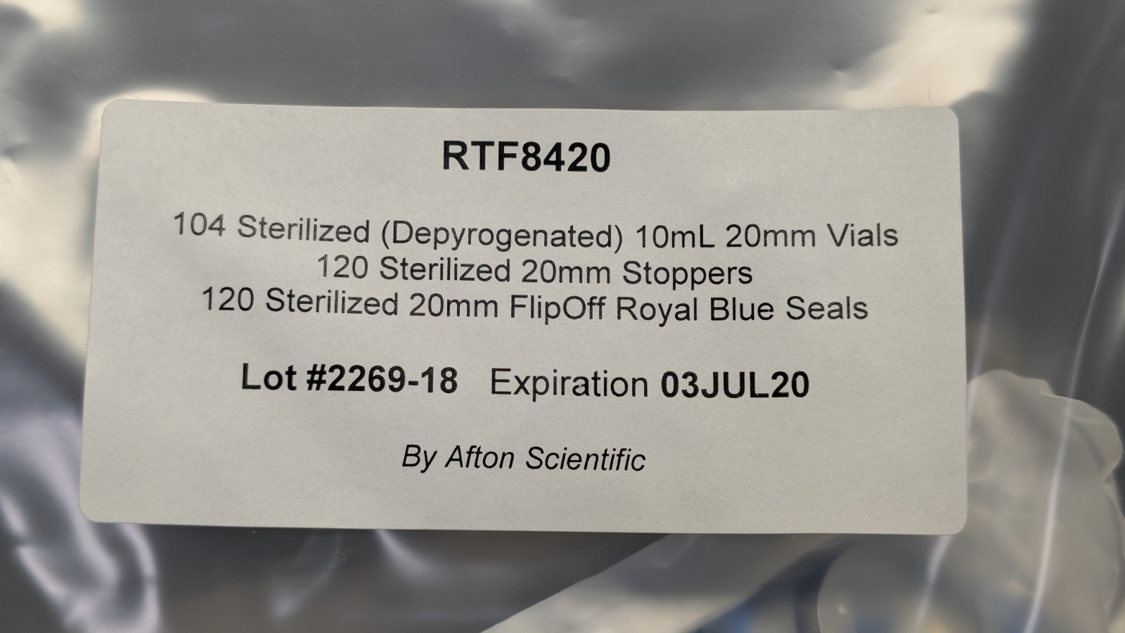 Afton Scientific Ready-to-Fill 10ml 20mm crimp cap vials depyrogenated RTF8420
