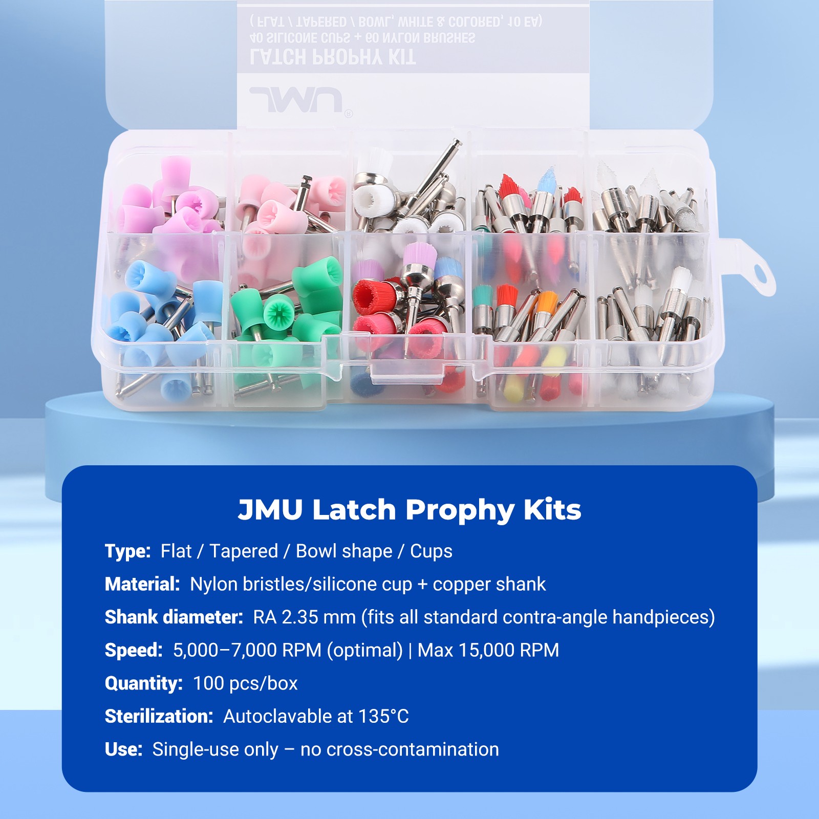 JMU Dental White/Colorful Nylon Latch Flat Polishing Polisher Prophy Brushes