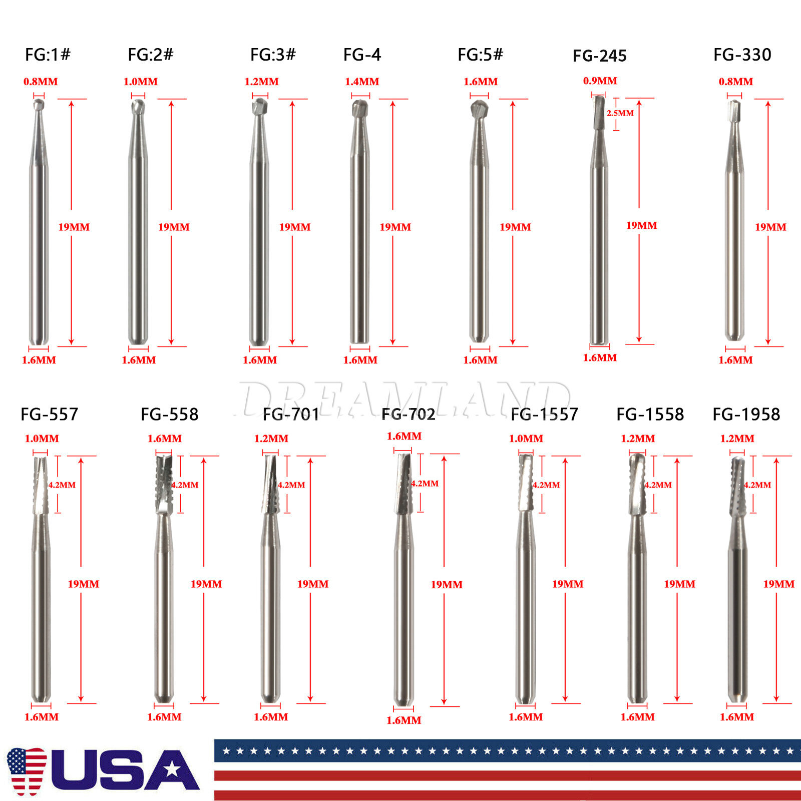 USA Dental Carbide Burs FG Round 19mm/Surgical Burs 25mm 40 Types For High Speed