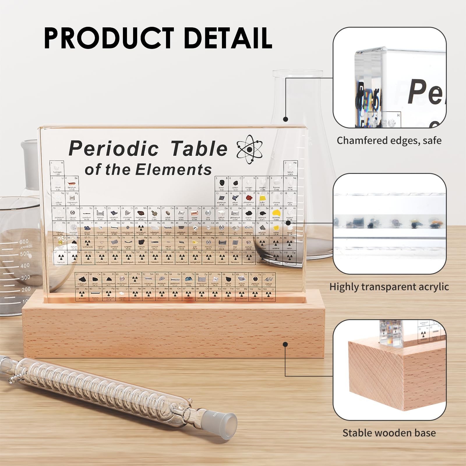 Periodic Table W/ 83 Real Elements Samples Wooden Stand Magnifying Glass 6 X 4″