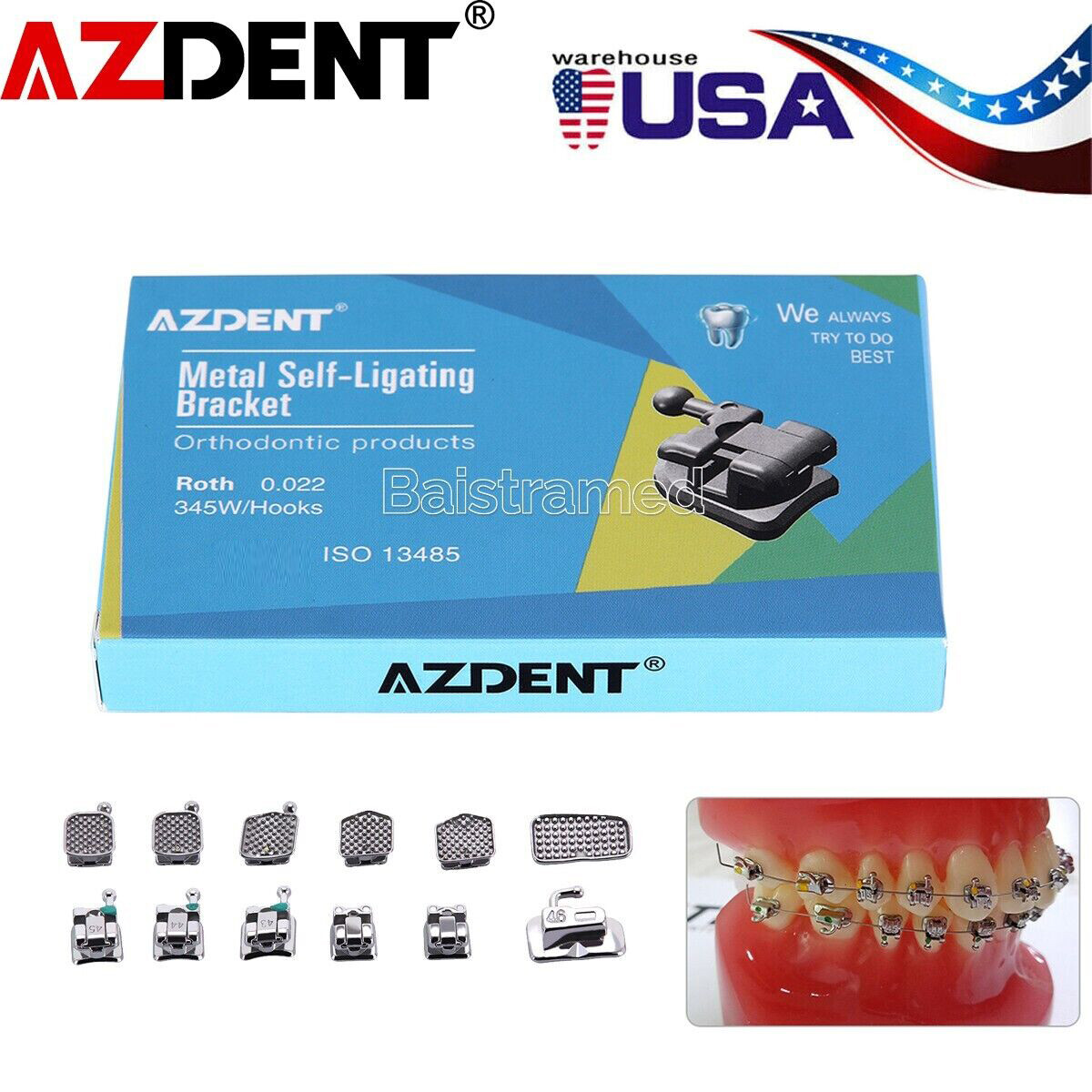 AZDENT Dental Ortho Self-Ligating Brackets Braces Metal Mini Roth.022 Hook 3-4-5