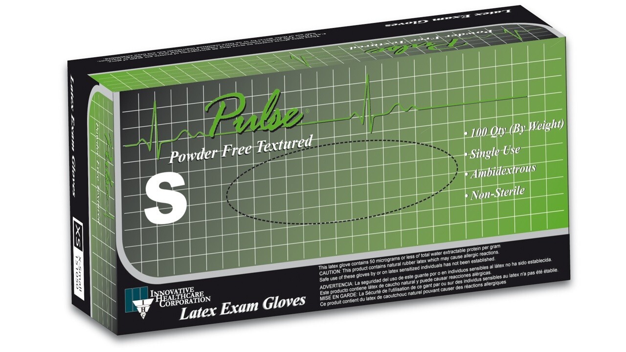 Pulse Latex Glove 151300: Large, PF, Textured, Chlorinated, Non-Sterile, 100/Box