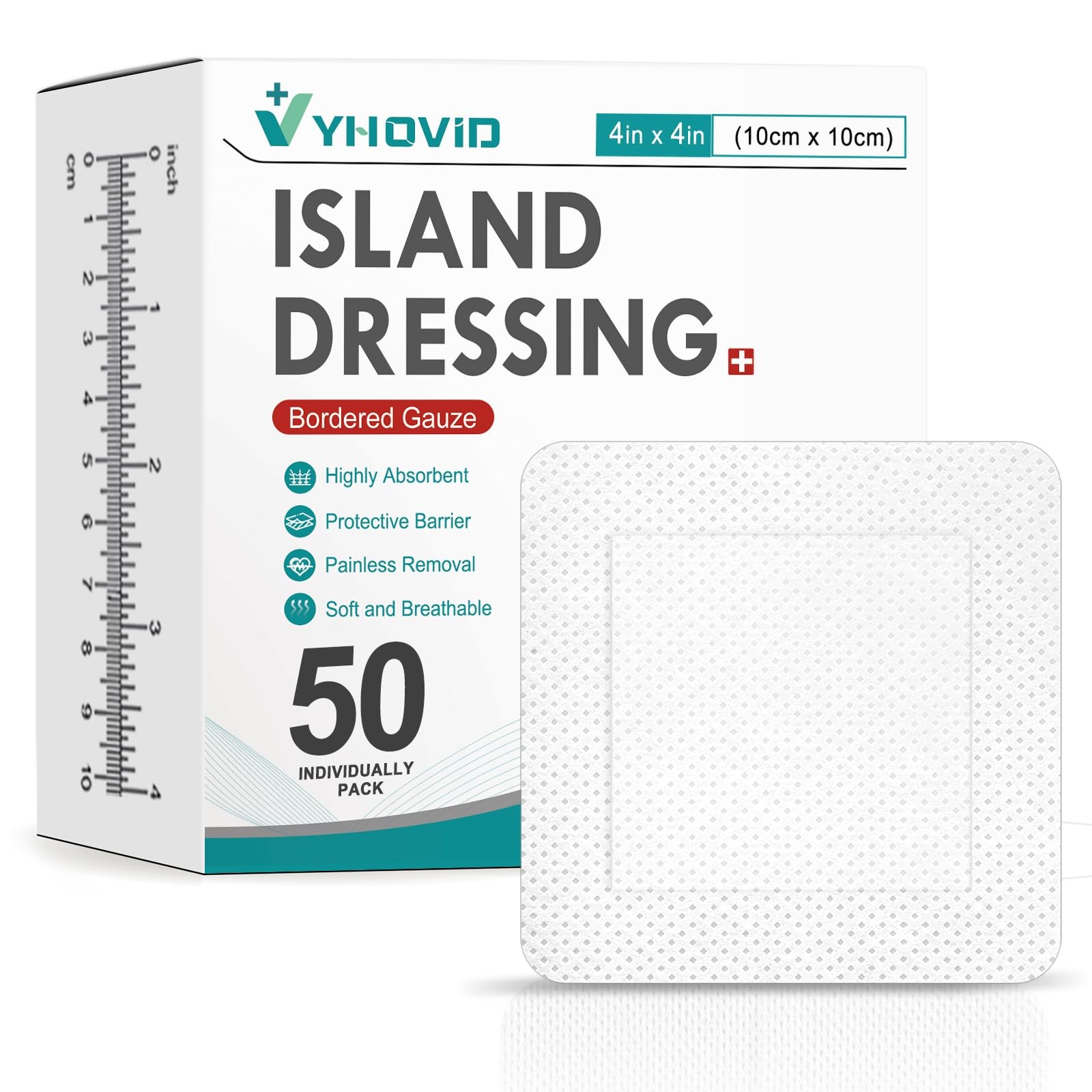 50 Count Island Dressing Bordered Gauze 4″ x 4″, Pads 4” x 4”(50 PCS)
