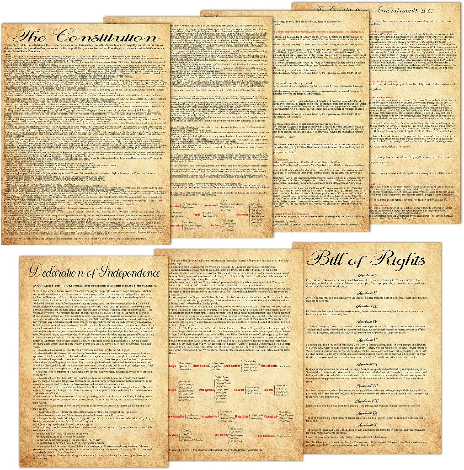 7-Piece Vintage American Founding Documents Poster Set for Home or Classroom