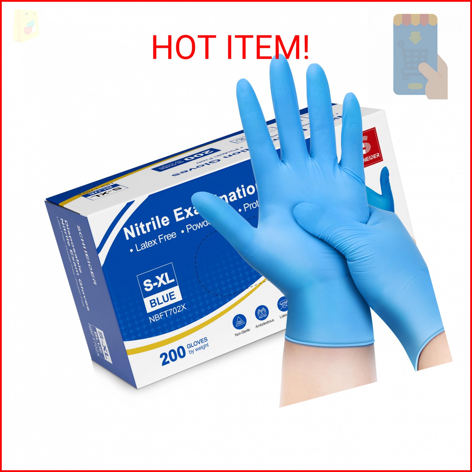 Schneider Nitrile Exam Gloves, Medium, 200-ct Box, 4 mil, Blue, Powder Free, Lat