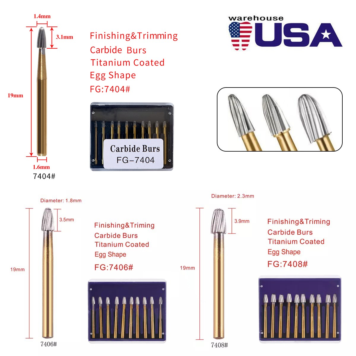 Dental Tungsten Carbide Bur Trimming & Finishing Egg Football FG7404/7406/7408