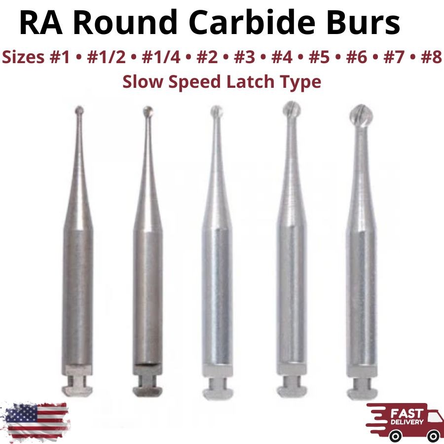 RA Round Carbide Burs Size 1/2-8 Slow Speed Latch Dental Right Angle Handpiece