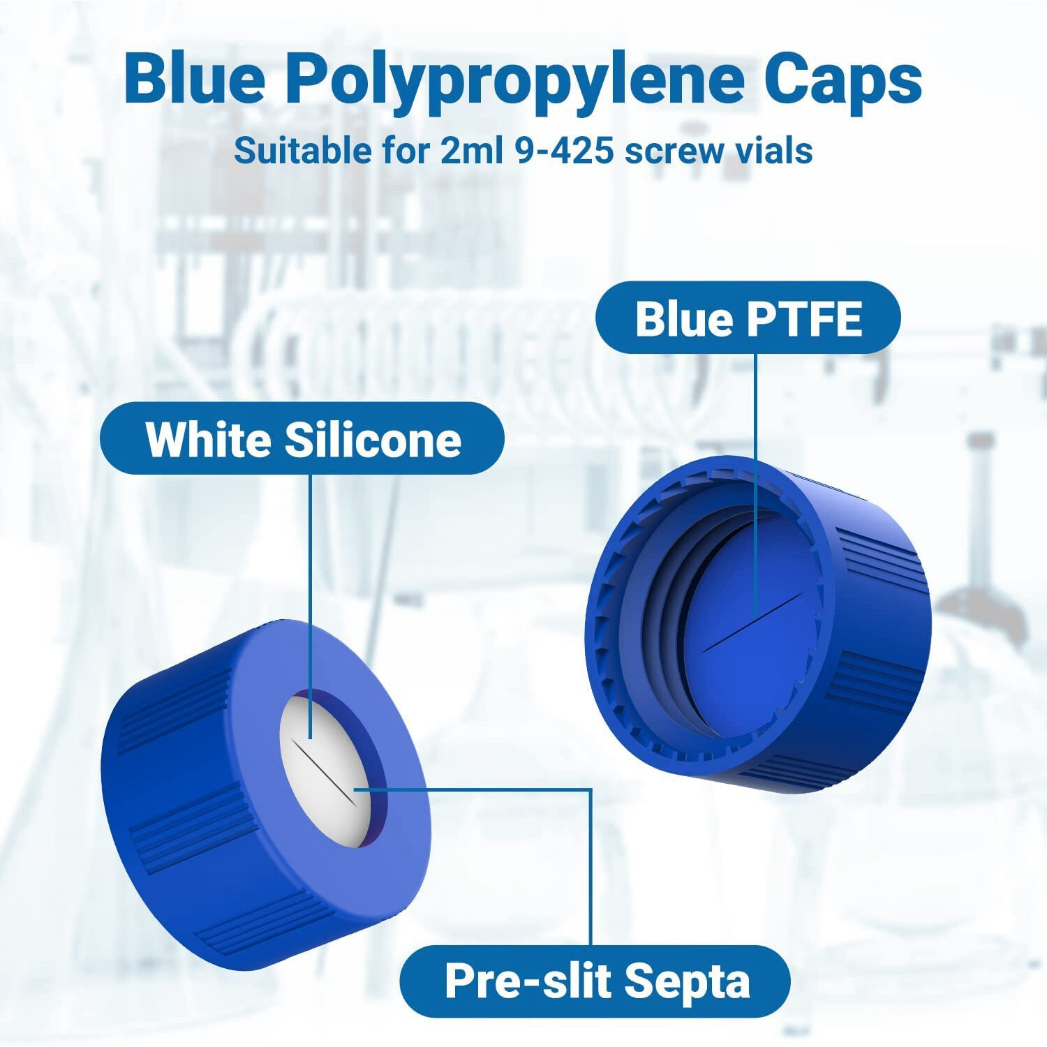 10000pcs Pre-Slit 9-425 Screw-Top Thread Caps 9mm Blue PTFE/White Silicone Septa