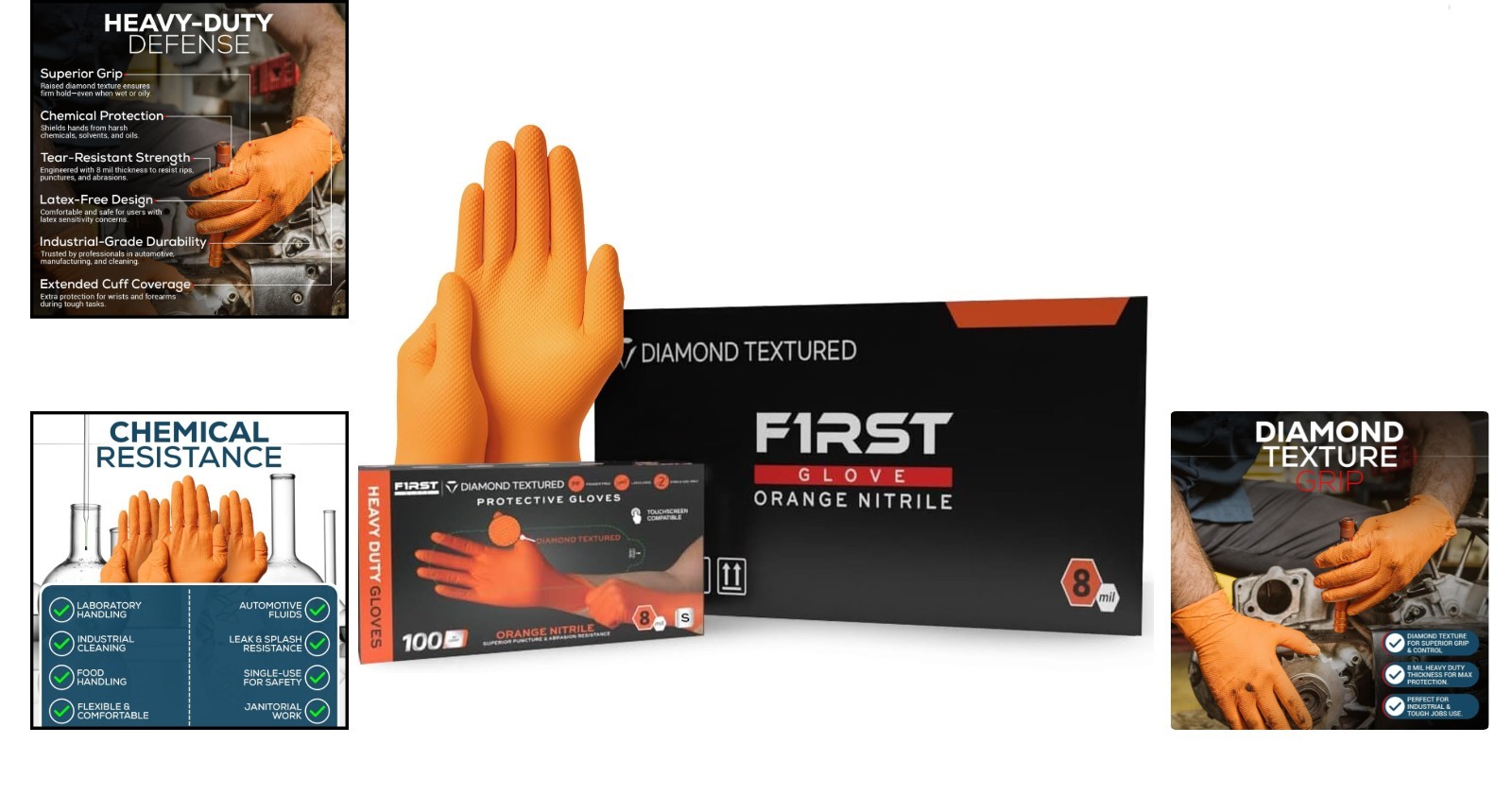 First Glove Grip Orange Nitrile Disposable Gloves 8 Mil Raised Diamond Texture