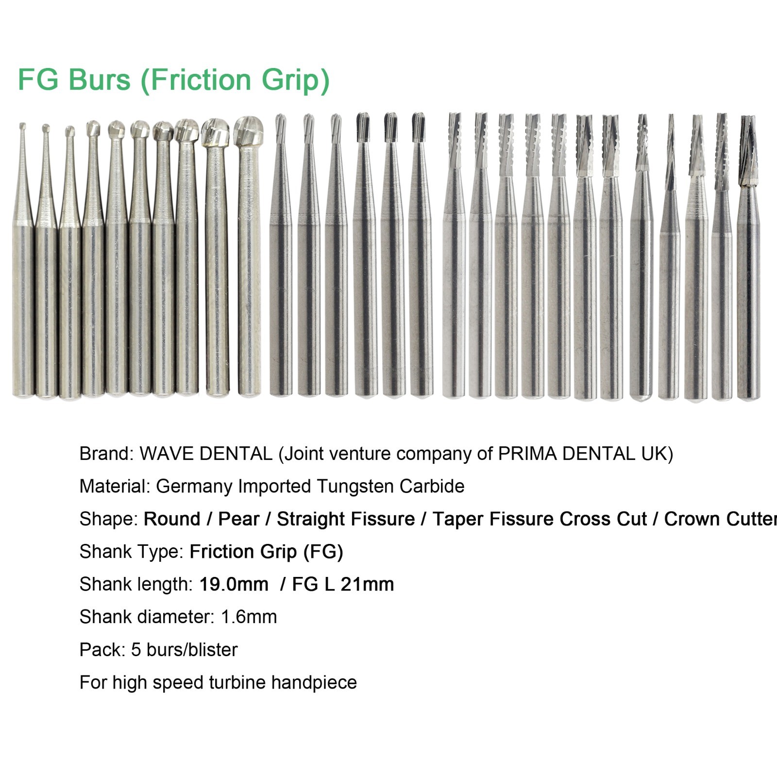 Wave Dental Surgical Burs 25mm Carbide Burs Friction Grip FG 19mm Round Pear 330