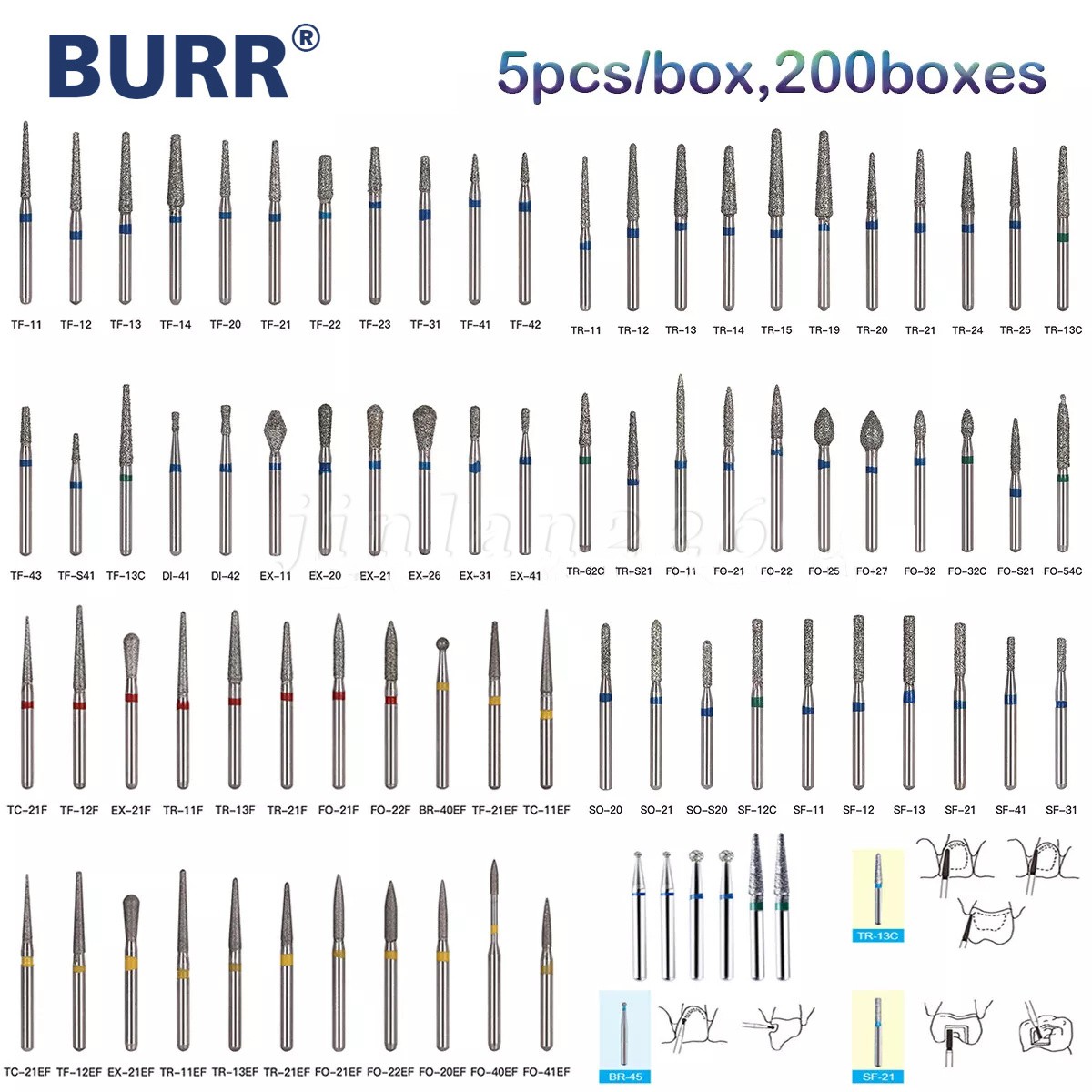 100 Types Dental FG Diamond Burs For High Speed Handpiece Friction Grip CE