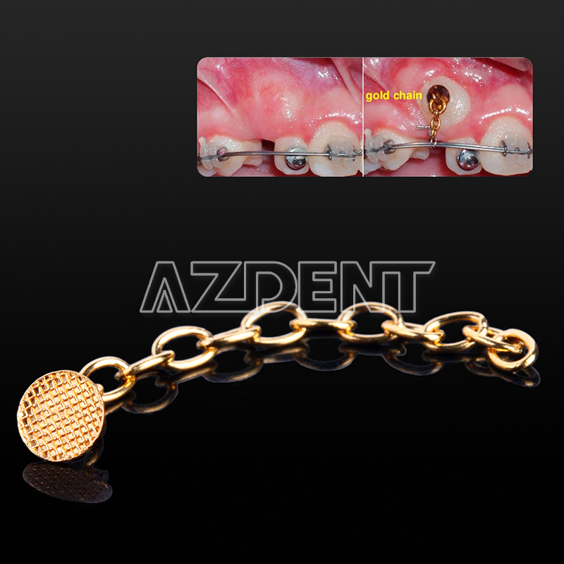 Dental Ortho Traction Chain Round Buttons with Chain Gold Plated 10 Pcs AZDENT