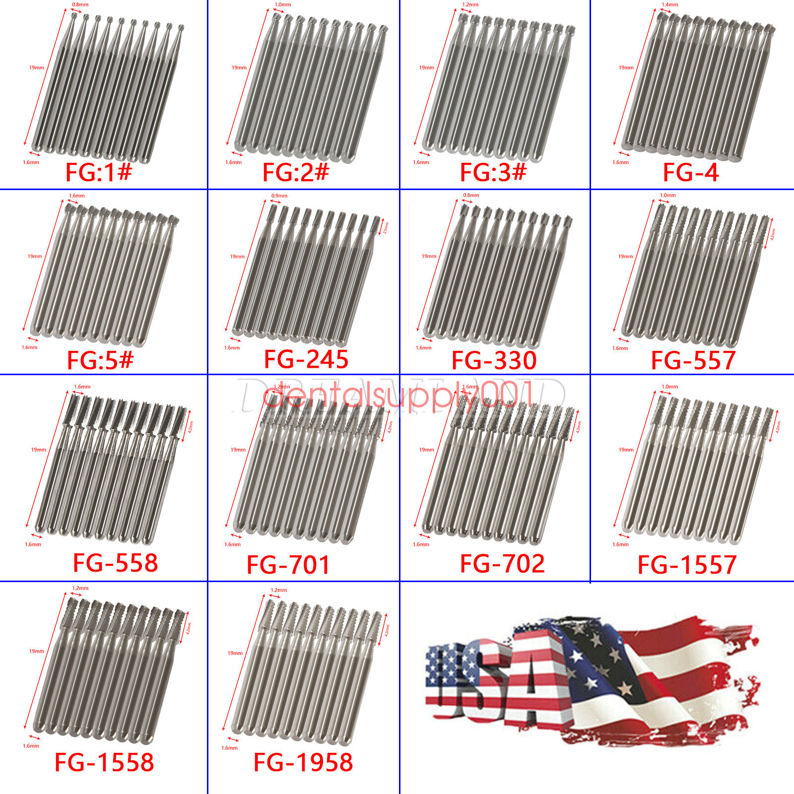 10-100Pcs Dental Carbide Burs for High Speed Handpiece Round Cone Bur Diamond FG