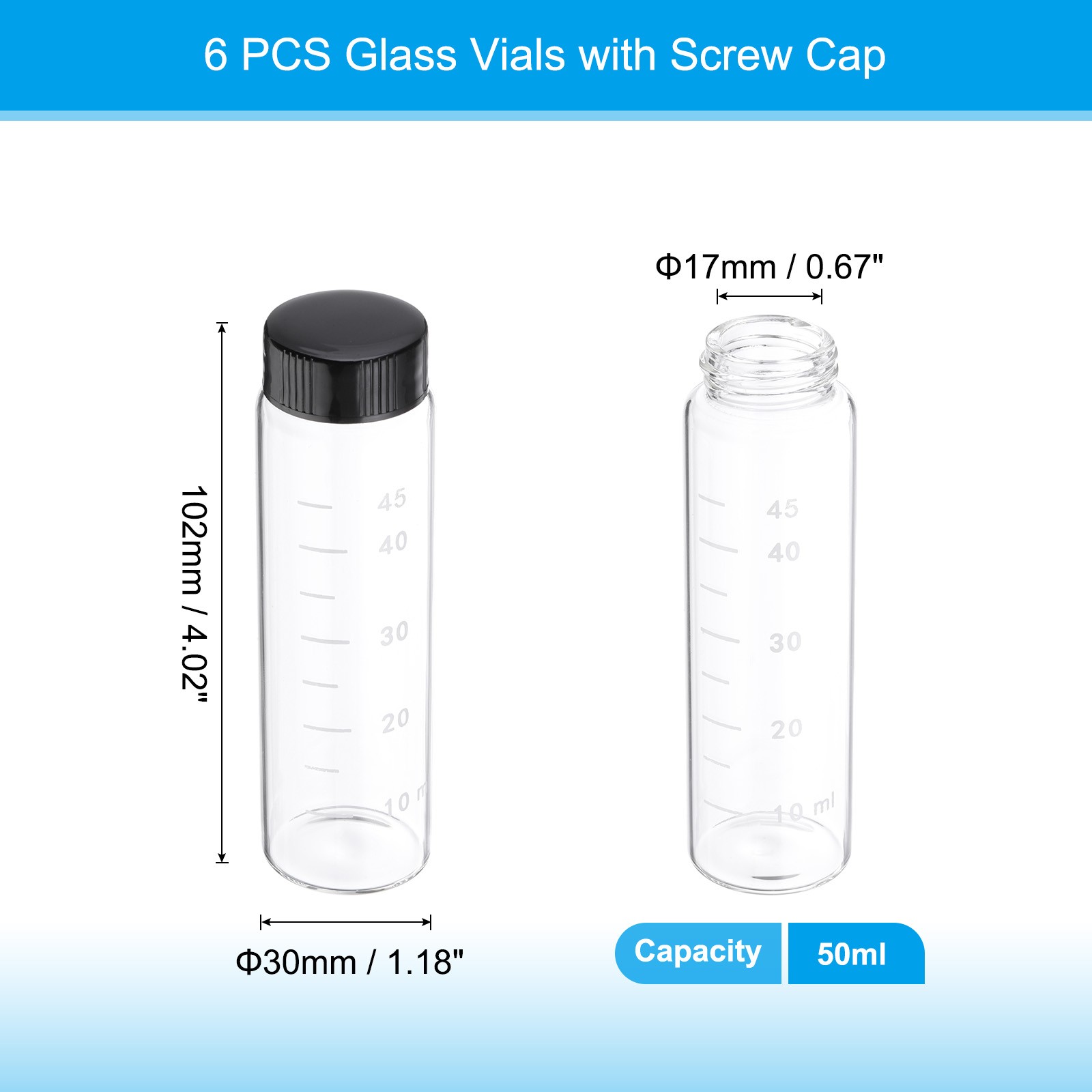 6pcs 50ml Small Clear Glass Vials with Black Screw Cap Glass Graduated