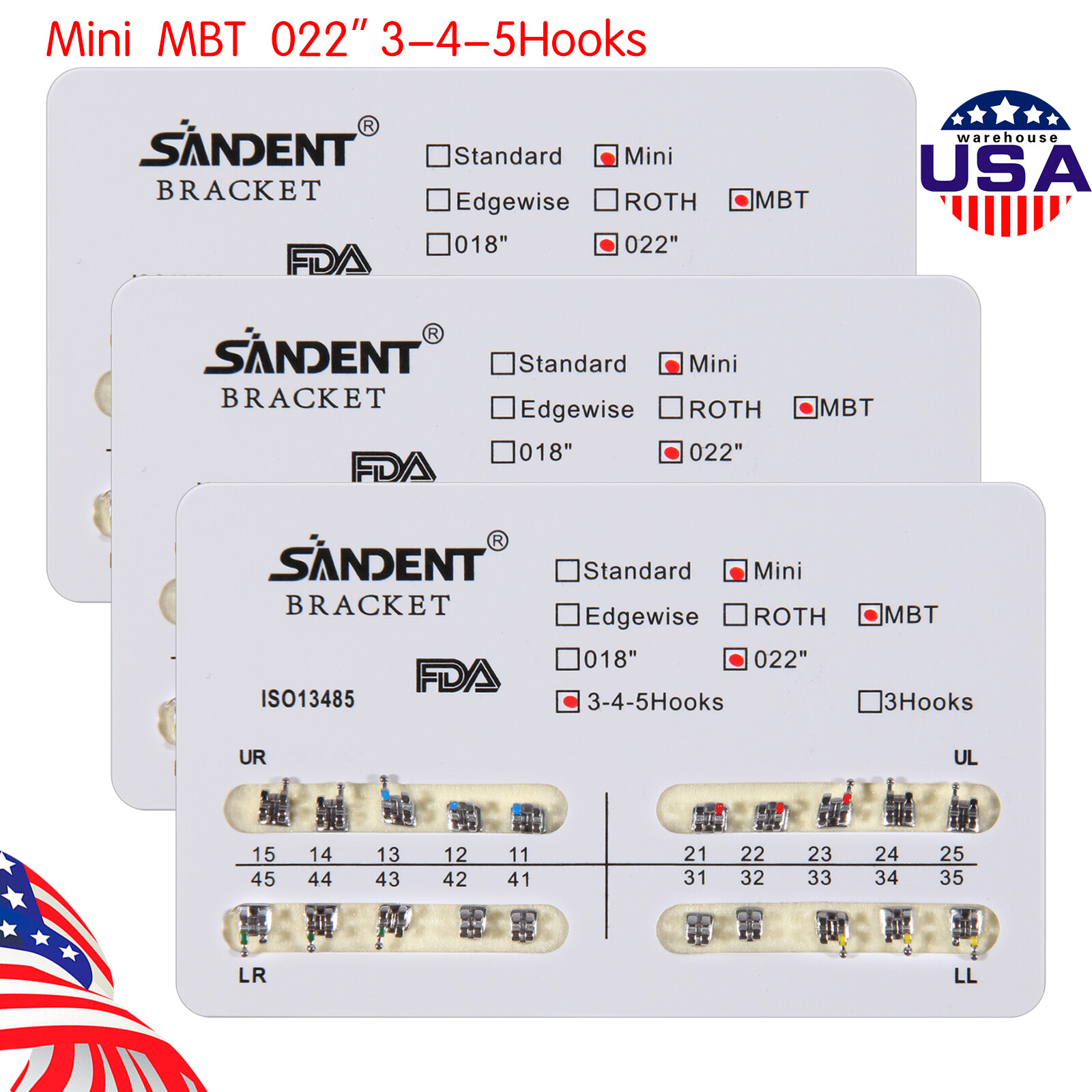 10X Dental Orthodontic Metal Brackets Braces Mini MBT Slot.022 345 Hooks ARCH