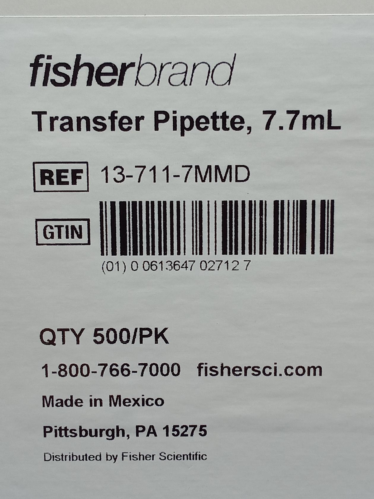 (500) Fisherbrand – 13-711-7MMD – Transfer Pipette, 7.7mL EXP:2028-07-24