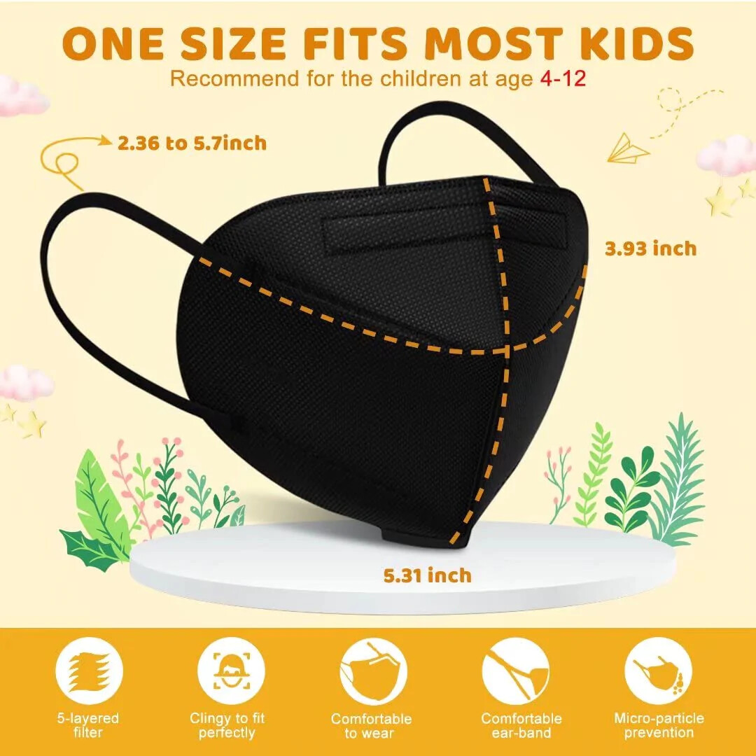 1-200 Kid Child Boy Disposable Black KN95 Face Mask 5Layer C.E Approval FFP 95%
