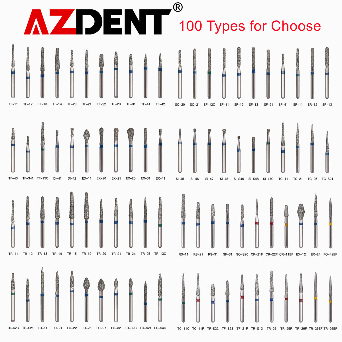 100 Types AZDENT Dental Diamond Burs High Speed Handpiece Friction Grip