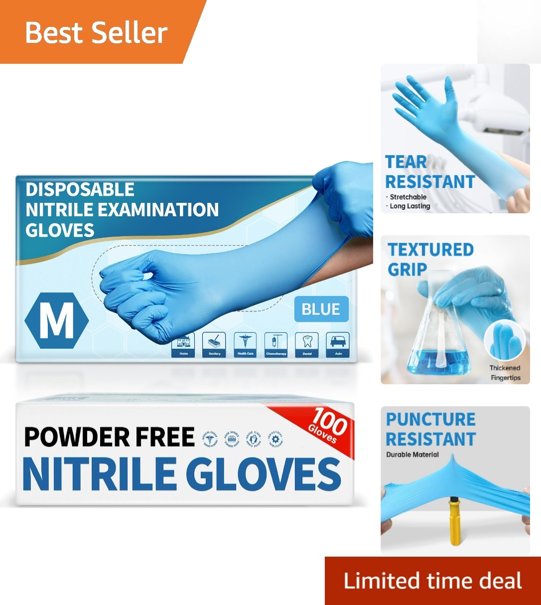 Blue Nitrile Disposable Exam Gloves – 4.5 Mil, 100 Count, Latex-Free & Food-Safe