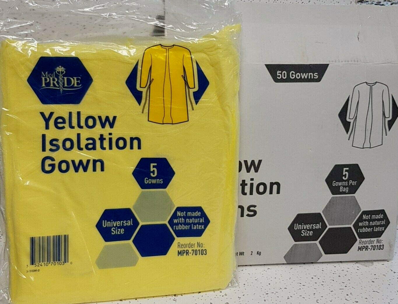 MedPride Disposable Isolation Gowns Yellow, Universal (50 Pcs/Cs ) 5/Bg/10Bg/Cs