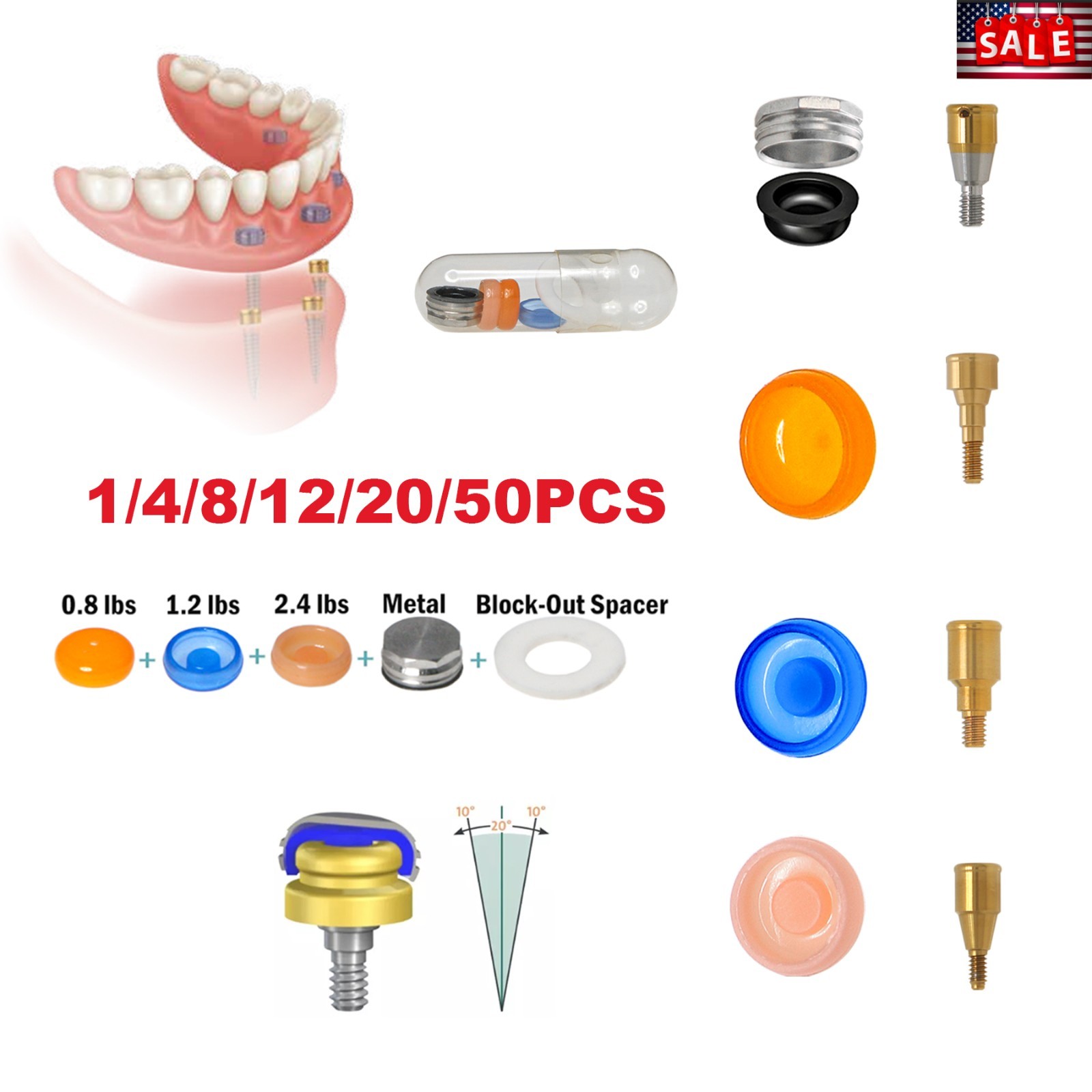 US Dental Locator Abutment Overdenture Retention Male Caps Inserts Metal Housing