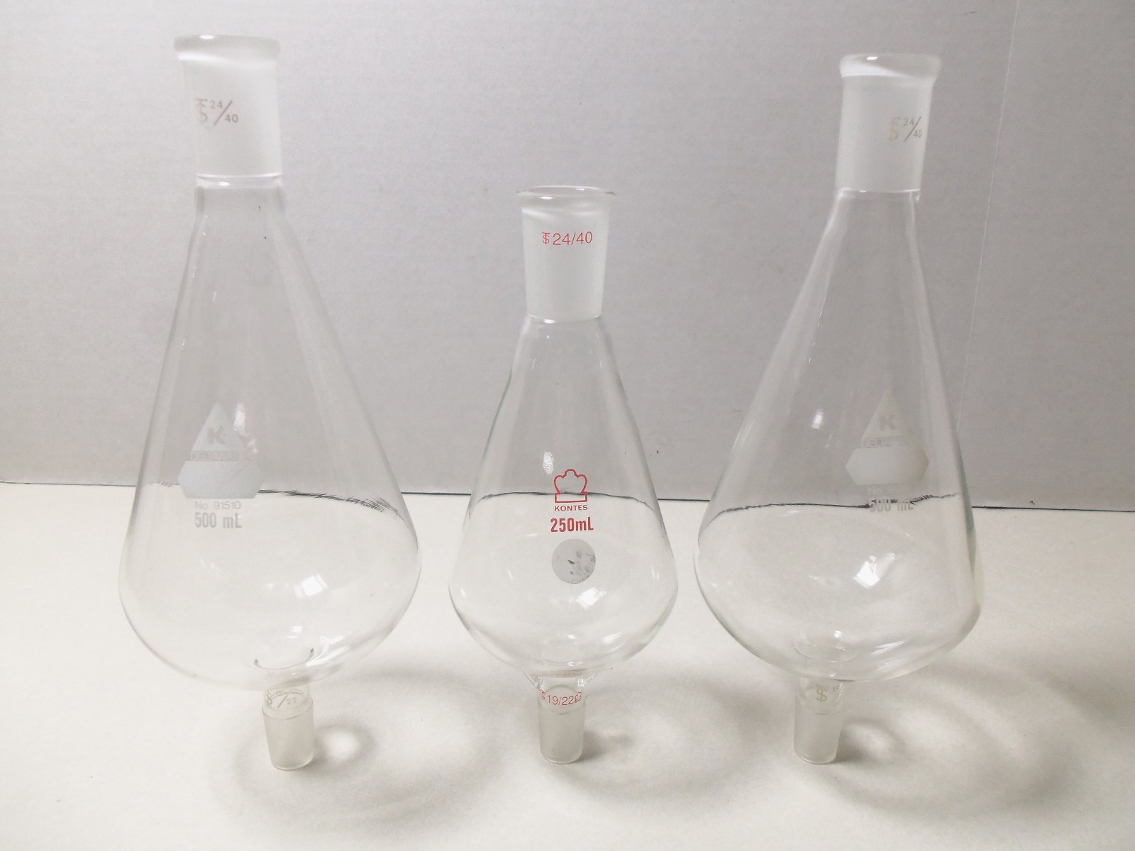 Lot of 3 Kuderna Danish Evaporator Concentrator Flasks 250ml & 500mL Lab Glass