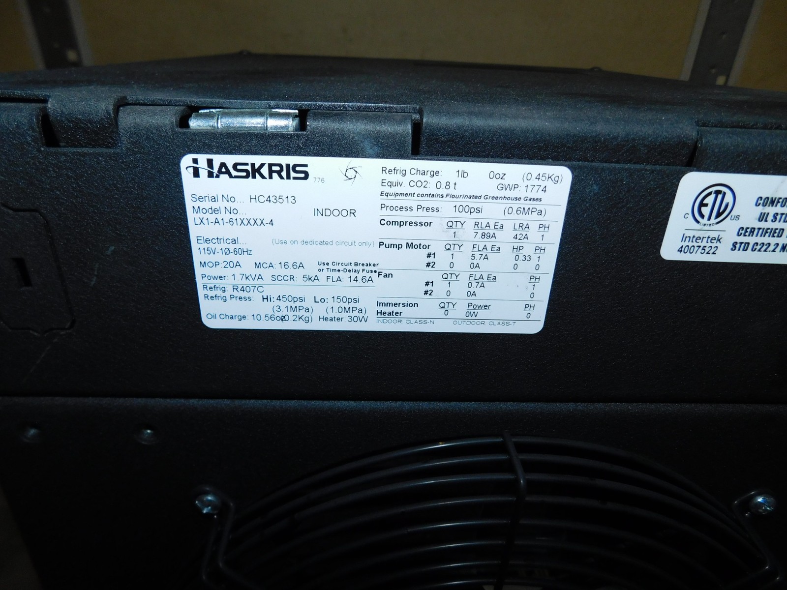 HASKRIS MODEL LX1-A1-61XXXX-4 INDOOR AIR COOLED LAB WATER CHILLER (#4741)
