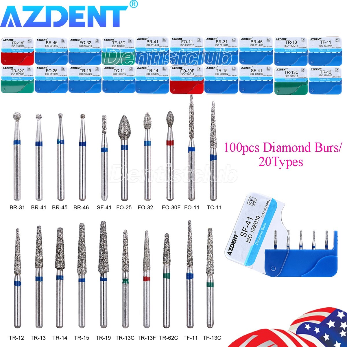100Pcs Dental Diamond Burs Polishing Repair Kit for High Speed Handpiece 20Types