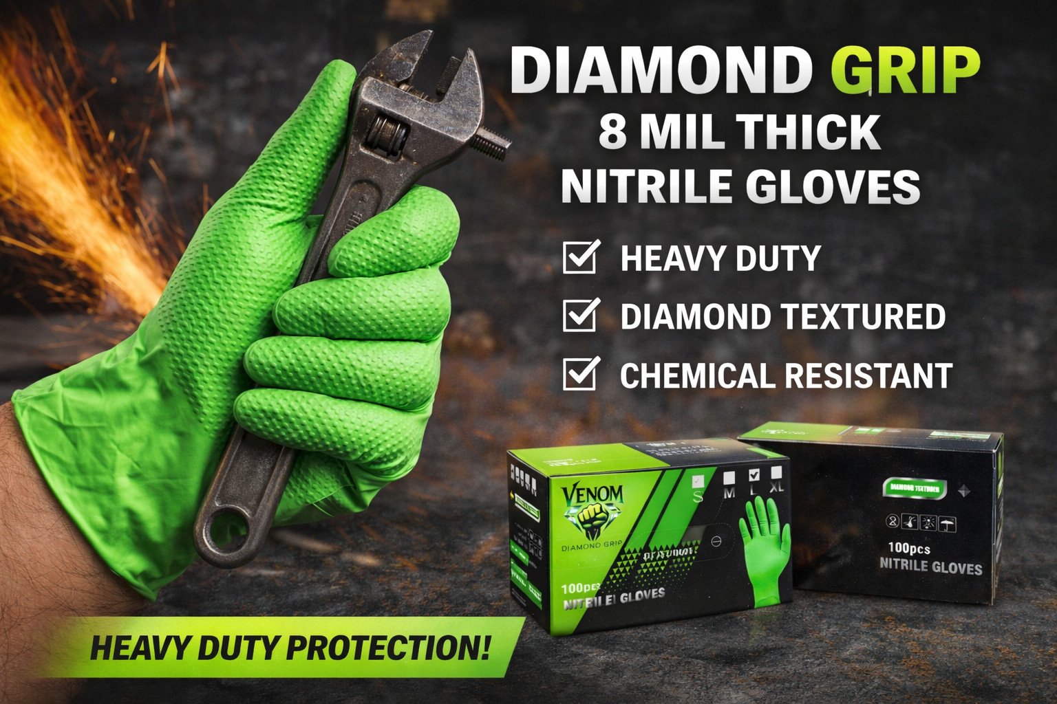 Venom Diamond Grip Green Nitrile Gloves 8 Mil, Diamond Texture, Box of 100Pcs