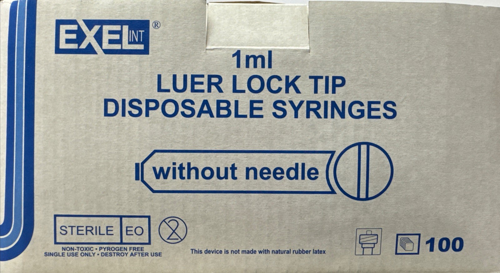 1ml Syringe Only, Luer Lock Tip, Sterile Without Needle, Exel #26050, 100/Box.