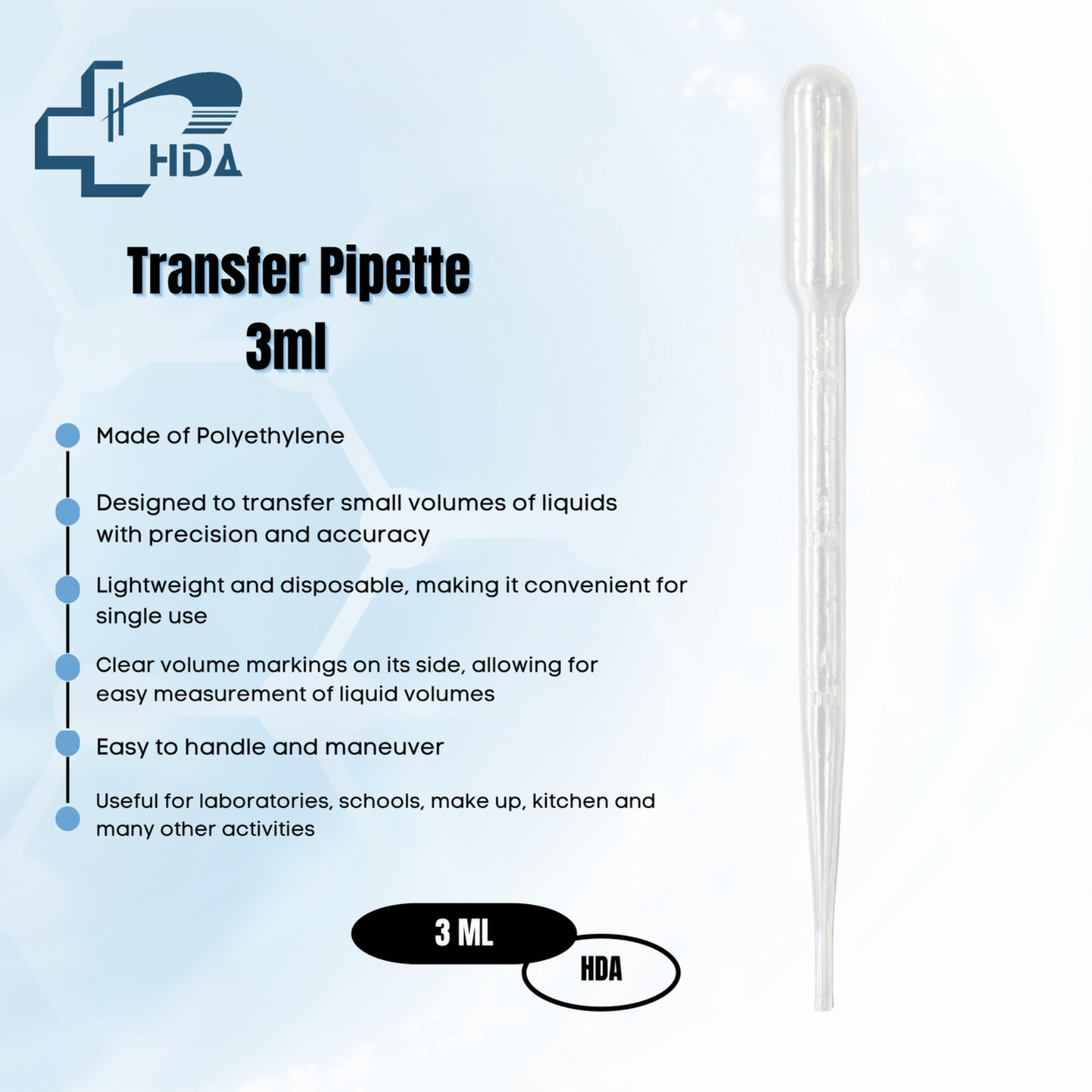 HDA Plastic Transfer Pipette 3ml Disposable Eye Drop Pack 500 pcs