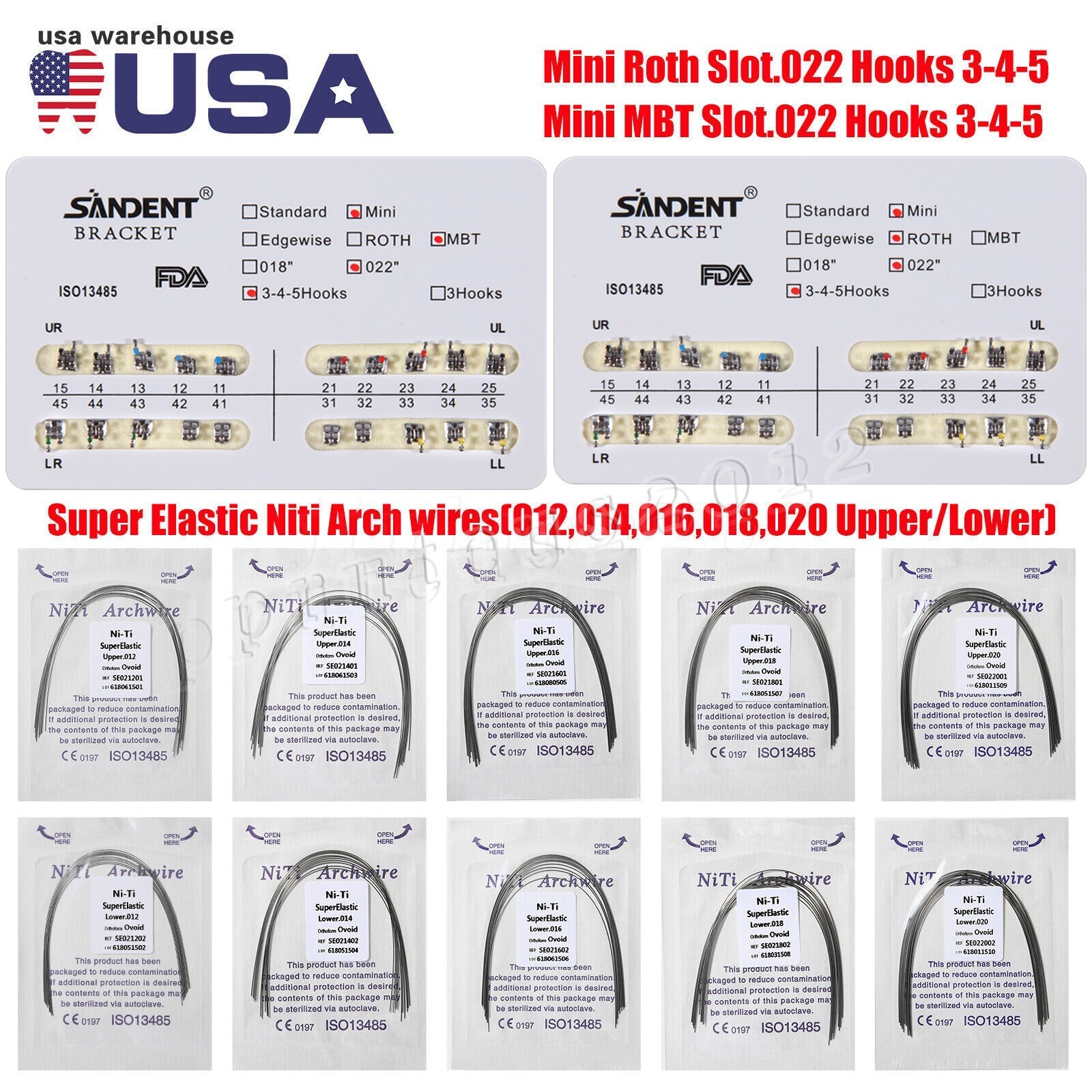 10 packs Dental Ortho Arch Wires Roth/MBT 3/345Hooks Metal Bracket Braces po