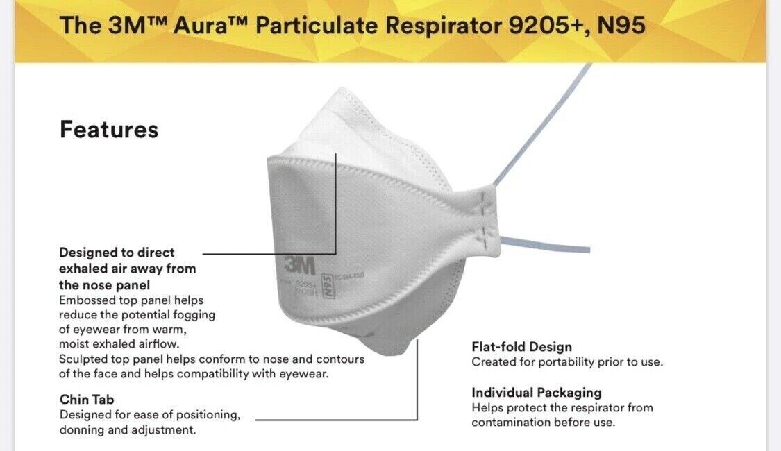 10 Pack 3M Aura 9205+ Particulate Respirator N95 Dispoable NIOSH Face Mask Cover