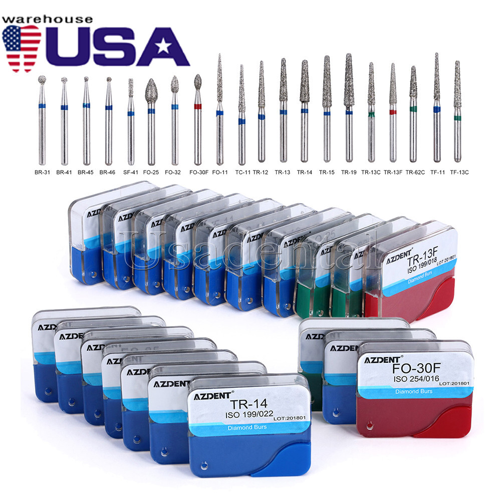 100Pcs 20Types Dental Diamond Burs for High Speed Handpiece Medium Friction Grip