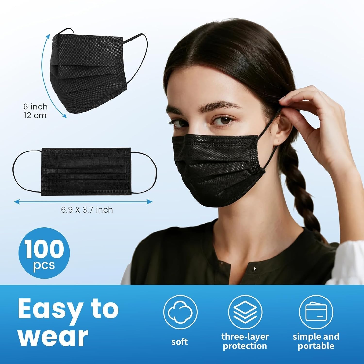 Comfortable Disposable Face Masks – 100 Pcs Black 3 Ply Protection for Everyday