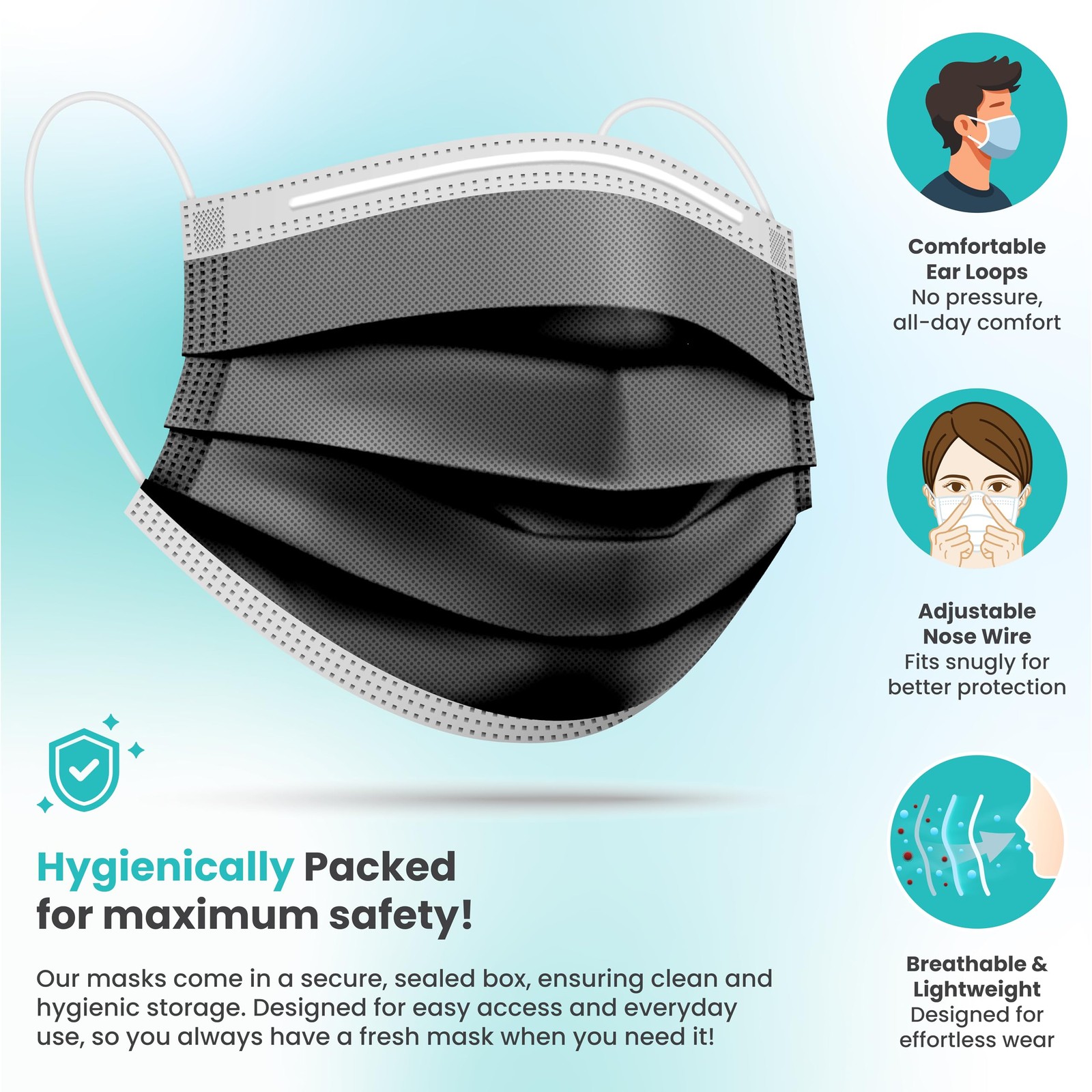 Pack Of 150 Black Disposable Face Mask, 3-Ply Adult Masks, Facial Cover with