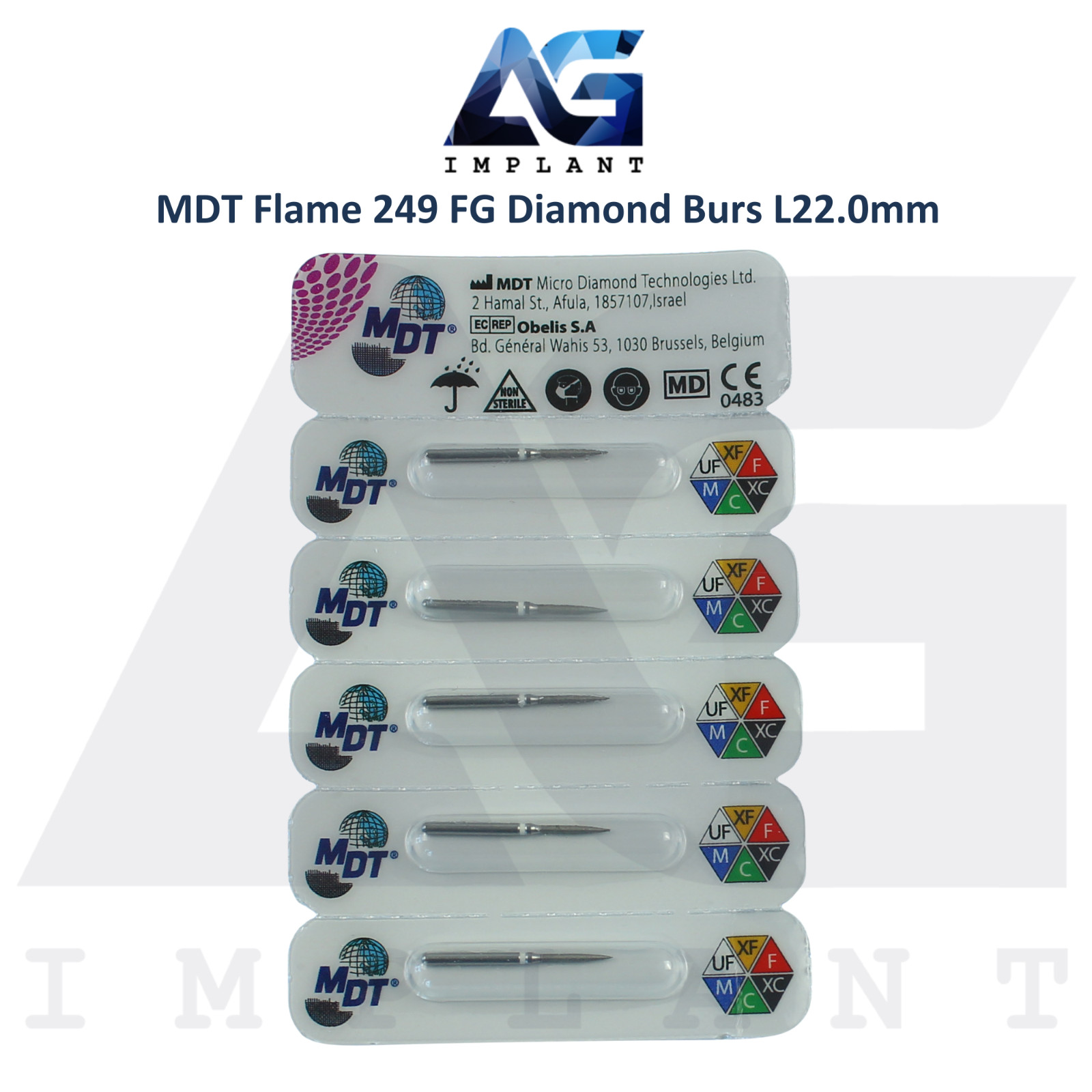 Dental MDT Flame 249 FG Diamond Burs Slender L22.0mm Smooth Polished Finish