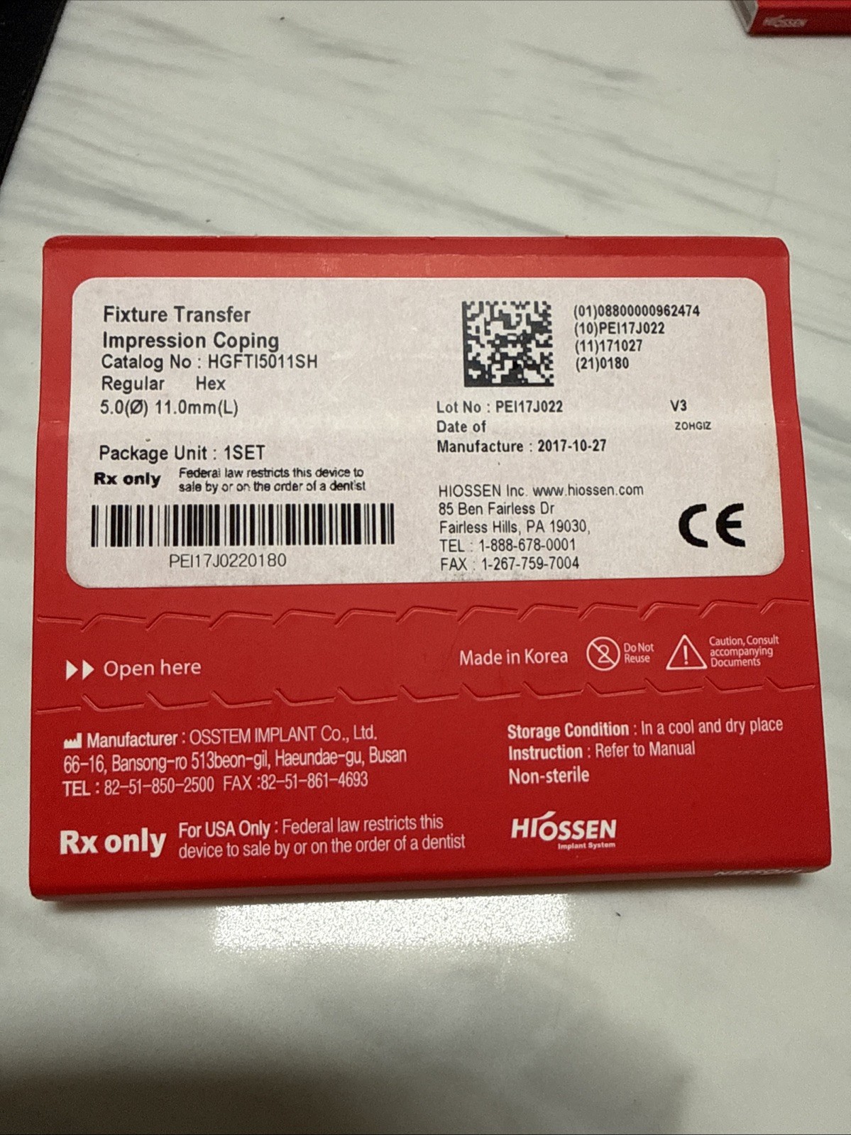 Hiossen Fixture Transfer Impression Coping Regular Hex 5.0 x 11