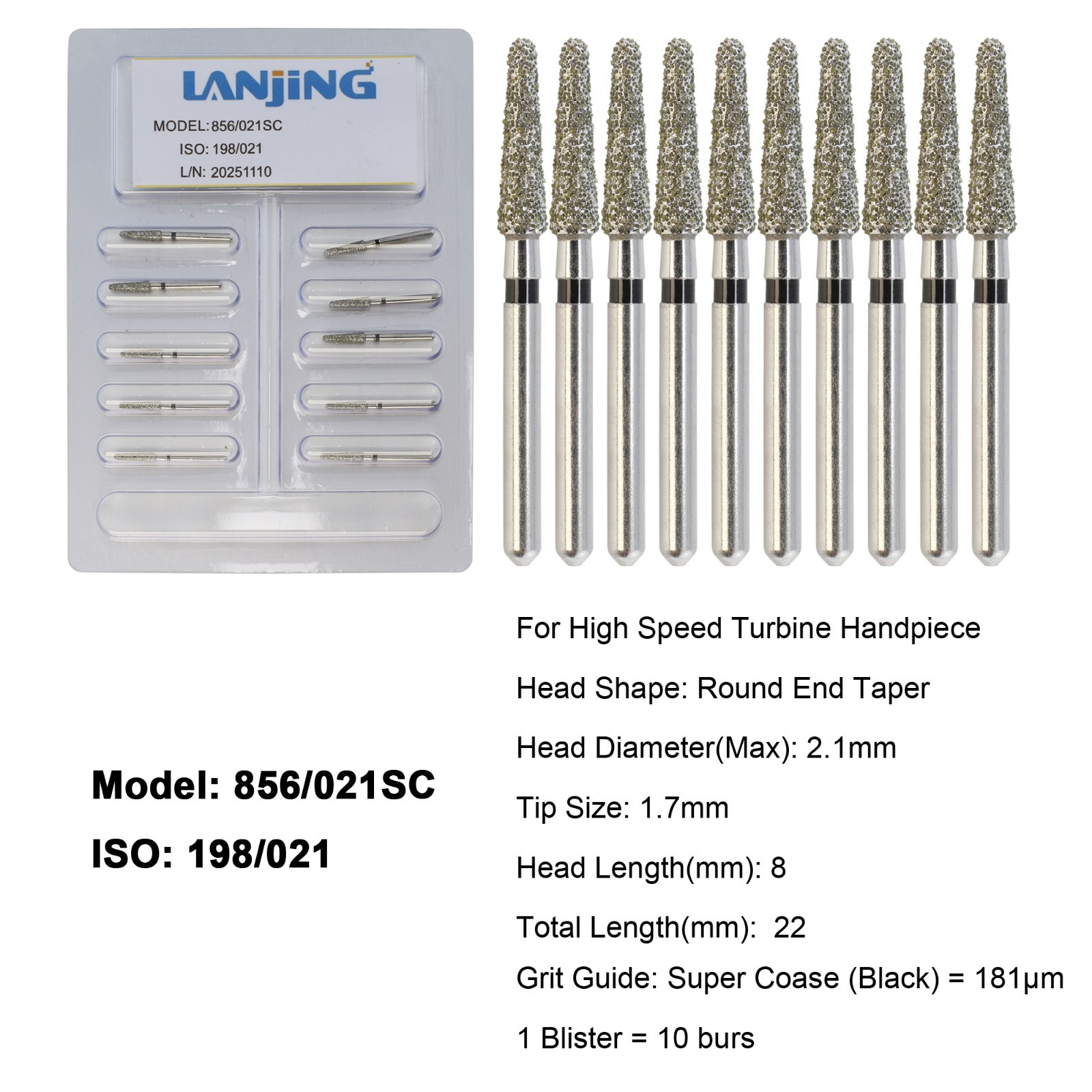 Dental Diamond Burs Round End Taper Super Coarse FG High Speed Bur 856/021SC