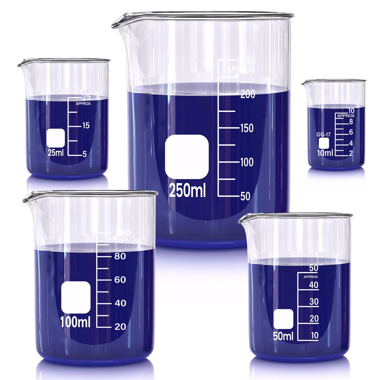 Glass Beakers Set, 5 Sizes – 10ml, 25ml, 50ml, 100ml, 250ml, 3.3…