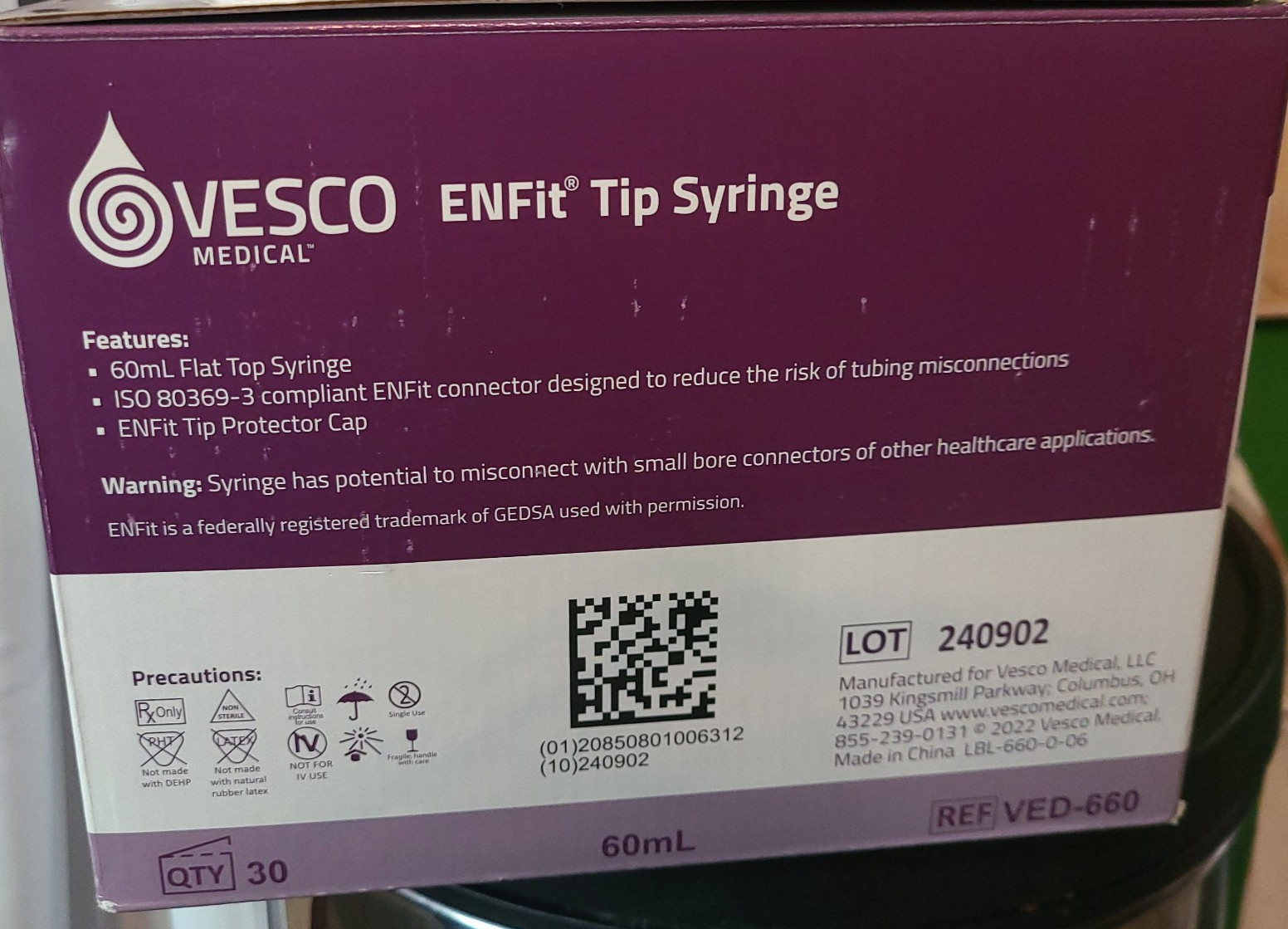 Vesco ENFit Enteral Syringe Medical 60mL Purple/Clear 30 Count New open box