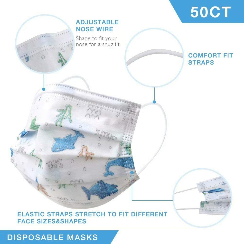 50 Pack Kids Face Mask Disposable Girls boys unisex face Cover 3 Layer Masks