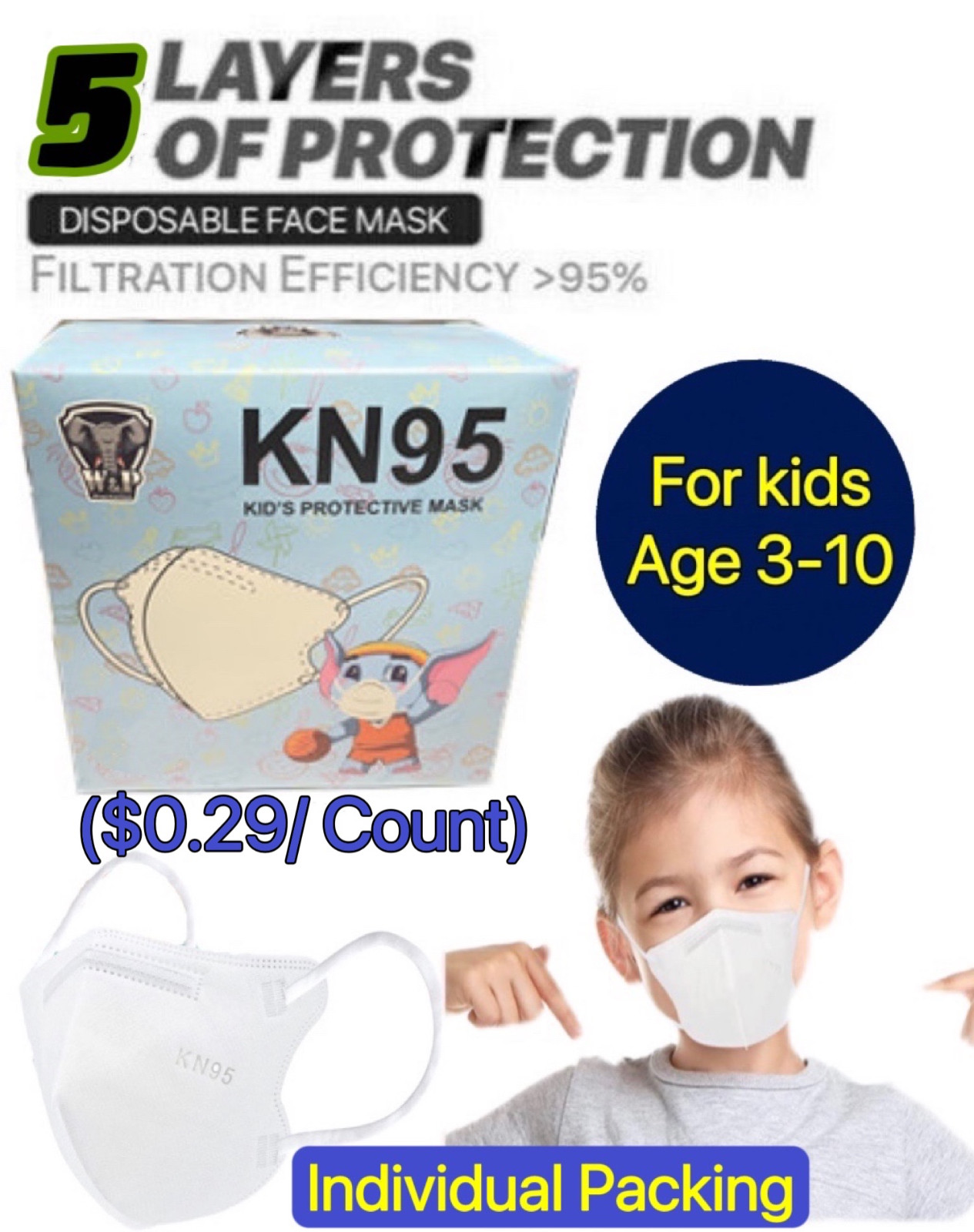 100/20 Pcs White KN95 Protective 5 Layer Kids Face Mask BFE 95% Disposable Masks