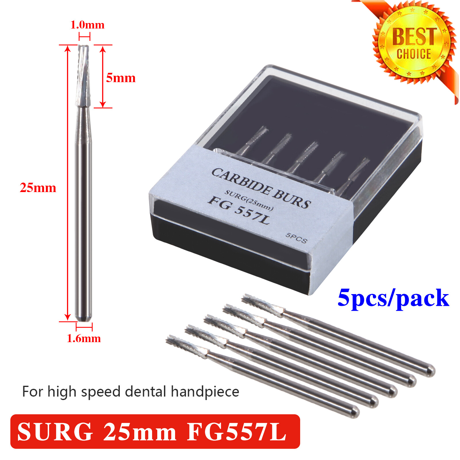 5pcs/pack Dental Carbide Burs Surgical Bur SURG 25mm FG-557L for High Speed DL