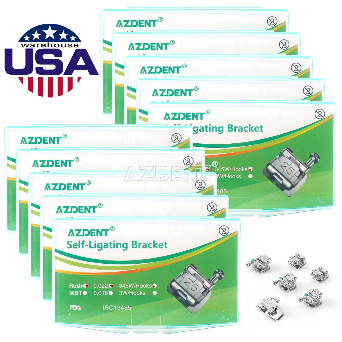 10XDental Orthodontic Self-Ligating Brackets Brace Metal Mini Roth.022 Hooks 345