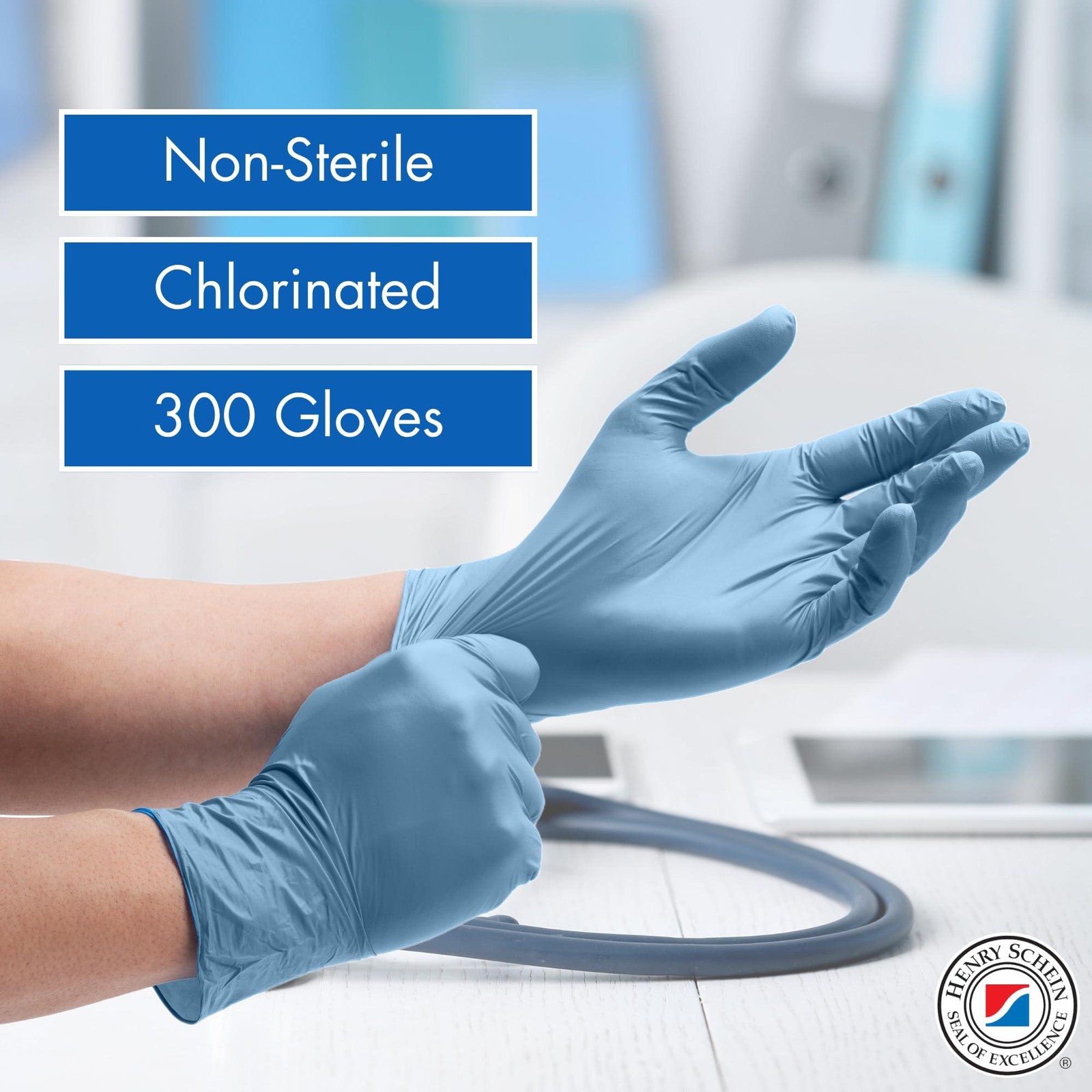 Henry Schein Criterion N300 Ice Blue Nitrile Exam Gloves, Chlorinated, Non-Steri
