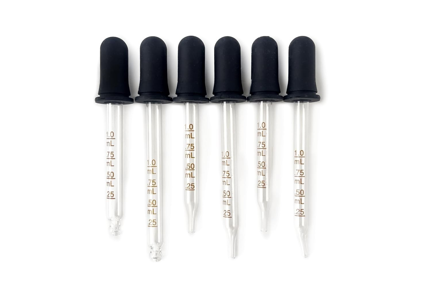 6-Pack Graduated, 1 ml Glass Eye Droppers Straight, Bent and Round Tip Pipettes