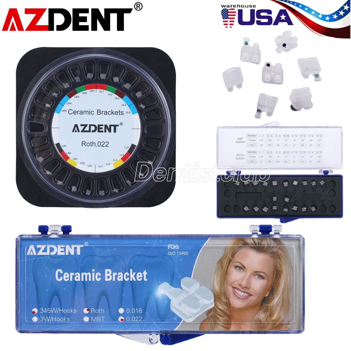 AZDENT Dental Orthodontic Clear Ceramic Brackets Braces Roth. 022 Hooks 3 4 5