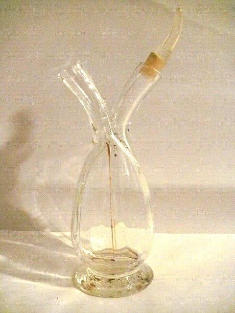 EXTREMELY ODD CONJOINED RIBBED & HORNED BOTTLE MADE IN FRANCE EACH W GLASS STRAW
